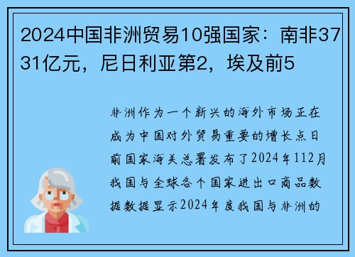 2024中国非洲贸易10强国家：南非3731亿元，尼日利亚第2，埃及前5