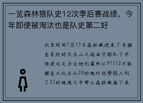 一览森林狼队史12次季后赛战绩，今年即使被淘汰也是队史第二好