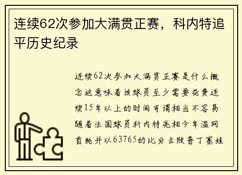 连续62次参加大满贯正赛，科内特追平历史纪录