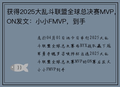 获得2025大乱斗联盟全球总决赛MVP，ON发文：小小FMVP，到手